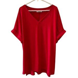 Zennana Vibrant Red Short Sleeve, V-Neck Oversized Tunic  1X EUC!